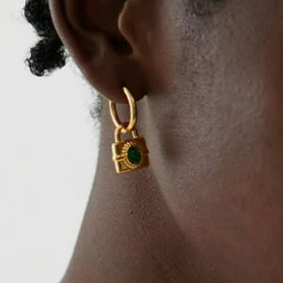 Emerald Green Cubic Zirconia 18K Gold Plated Lock Dangle Earrings NEW - Picture 5 of 11